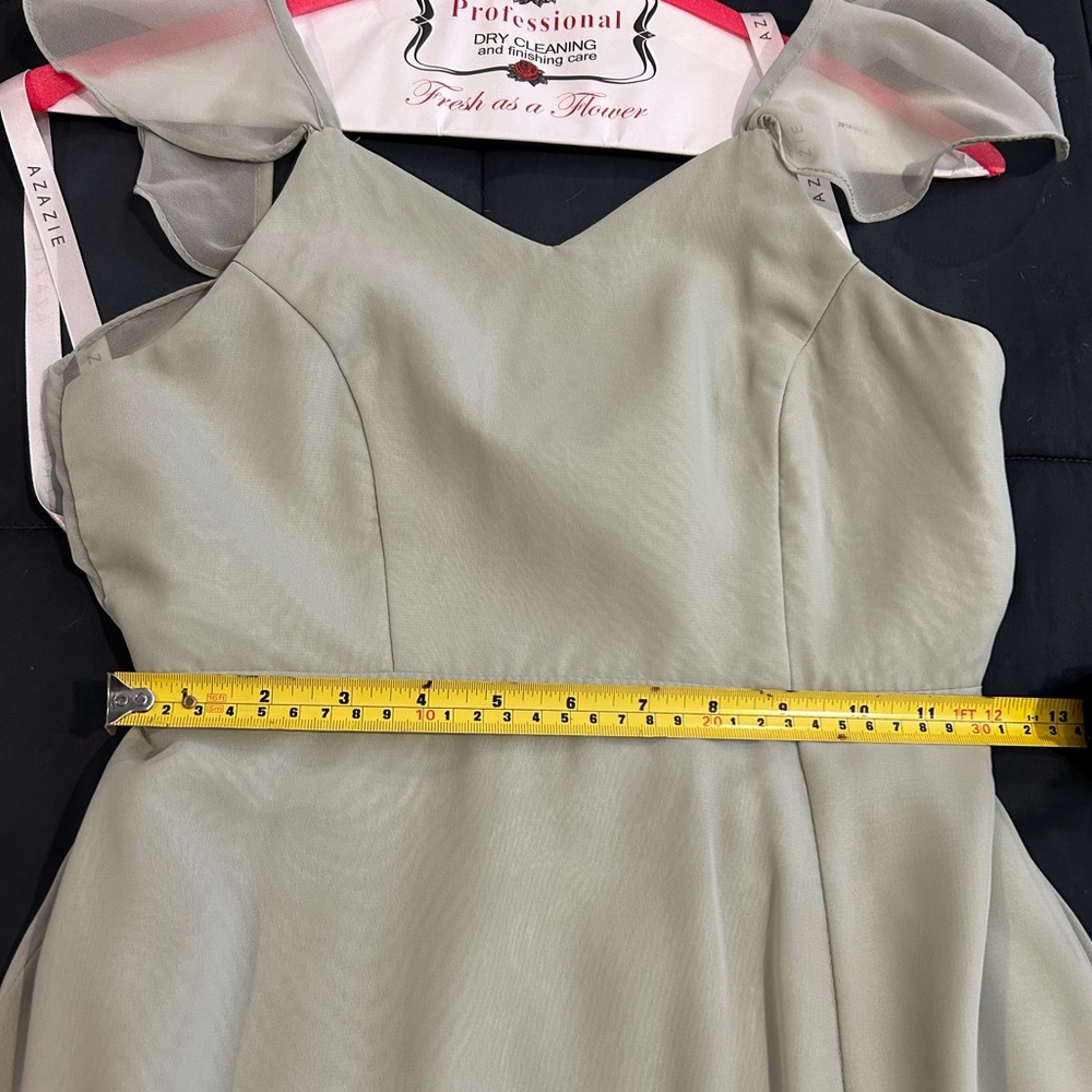 Azazie Sage Green Elegant Evening Gown with Tie Back in Teen Size 12 - Picture 11 of 13